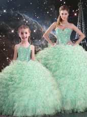 Best Selling Sleeveless Organza Floor Length Lace Up Sweet 16 Dress in Apple Green with Beading and Ruffles