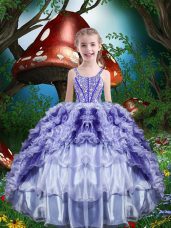 Purple Organza Lace Up Straps Sleeveless Floor Length Little Girls Pageant Dress Wholesale Beading and Ruffles and Ruffled Layers