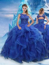 Sumptuous Blue Lace Up Scoop Beading and Ruffles 15 Quinceanera Dress Organza Sleeveless