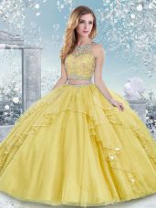 Hot Sale Gold Two Pieces Tulle Scoop Sleeveless Beading and Lace Floor Length Clasp Handle Vestidos de Quinceanera