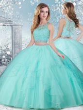 New Arrival Aqua Blue Sleeveless Tulle Clasp Handle Ball Gown Prom Dress for Military Ball and Sweet 16 and Quinceanera