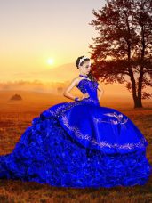 Sweetheart Sleeveless Quince Ball Gowns Brush Train Embroidery and Ruffles Royal Blue Organza