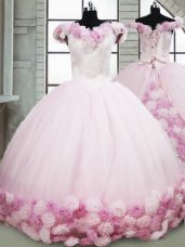 Edgy Sleeveless Fabric With Rolling Flowers Brush Train Lace Up Sweet 16 Quinceanera Dress in Pink with Hand Made Flower