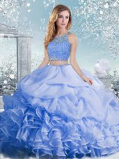 Graceful Baby Blue Sleeveless Floor Length Beading and Ruffles and Pick Ups Clasp Handle Sweet 16 Dress