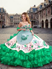 Trendy Green Sweetheart Lace Up Embroidery and Ruffled Layers Quinceanera Dress Sleeveless