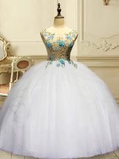 Inexpensive Floor Length White Quinceanera Dress Organza Sleeveless Appliques and Ruffles