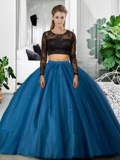 Fancy Blue Backless Quinceanera Gowns Lace and Ruching Long Sleeves Floor Length