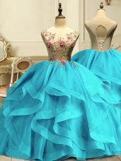 Aqua Blue Sleeveless Organza Lace Up Quinceanera Dress for Military Ball and Quinceanera