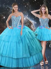 Best Selling Sweetheart Sleeveless Lace Up Quinceanera Gowns Aqua Blue Organza