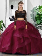 Unique Tulle Long Sleeves Floor Length Quince Ball Gowns and Lace and Ruffles