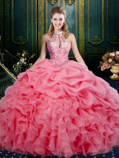 Designer Organza Sleeveless Floor Length Quinceanera Dress and Beading and Ruffles and Pick Ups