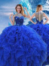 Royal Blue Sleeveless Floor Length Ruffles and Sequins Zipper Quinceanera Dresses