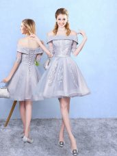 Most Popular Grey Lace Up Off The Shoulder Appliques Quinceanera Dama Dress Tulle Half Sleeves