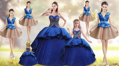 Comfortable Sleeveless Beading and Appliques and Embroidery Lace Up Sweet 16 Dresses with Blue Court Train