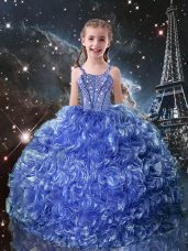 Straps Sleeveless Kids Pageant Dress Floor Length Beading and Ruffles Blue Organza