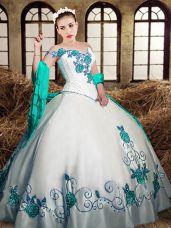 Amazing White Ball Gowns Embroidery 15th Birthday Dress Lace Up Taffeta Sleeveless Floor Length