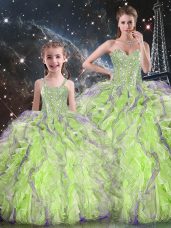Customized Floor Length Lace Up Sweet 16 Dresses Yellow Green for Military Ball and Sweet 16 and Quinceanera with Beading and Ruffles