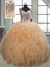Floor Length Lace Up Quinceanera Dress Champagne for Military Ball and Sweet 16 and Quinceanera with Beading and Ruffles