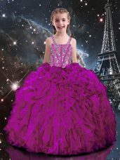 Gorgeous Straps Short Sleeves Organza Child Pageant Dress Beading and Ruffles Lace Up