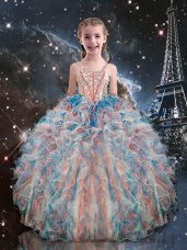 Sleeveless Organza Floor Length Lace Up Little Girls Pageant Dress in Multi-color with Beading and Ruffles