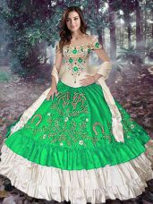 Sleeveless Taffeta Floor Length Lace Up Quince Ball Gowns in Green with Embroidery and Ruffled Layers