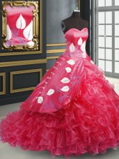 Graceful Coral Red Ball Gowns Sweetheart Sleeveless Organza Brush Train Lace Up Embroidery and Ruffled Layers Ball Gown Prom Dress