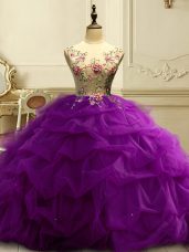 Floor Length Lace Up Quinceanera Gowns Purple for Military Ball and Sweet 16 and Quinceanera with Appliques and Ruffles and Sequins