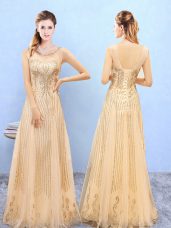 Beauteous Gold Organza Lace Up Scoop Sleeveless Floor Length Bridesmaid Gown Beading and Appliques