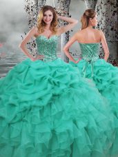 Luxury Turquoise Lace Up Quince Ball Gowns Beading and Ruffles Sleeveless Floor Length