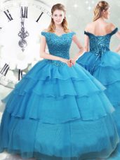 Best Ball Gowns Sleeveless Baby Blue Sweet 16 Quinceanera Dress Brush Train Lace Up