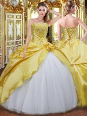 Cheap Gold Ball Gowns Beading and Hand Made Flower Ball Gown Prom Dress Lace Up Taffeta Sleeveless Floor Length