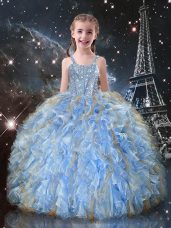 Custom Fit Light Blue Straps Lace Up Beading and Ruffles Little Girls Pageant Dress Wholesale Sleeveless