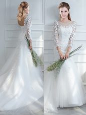 Modern Court Train Mermaid Wedding Gown White Scoop Tulle Long Sleeves Lace Up