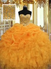 Floor Length Lace Up Sweet 16 Dresses Orange for Military Ball and Sweet 16 and Quinceanera with Beading and Ruffles