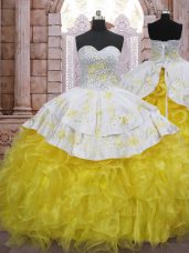 Perfect Sleeveless Organza Brush Train Lace Up 15th Birthday Dress in Yellow And White with Beading and Appliques and Ruffles