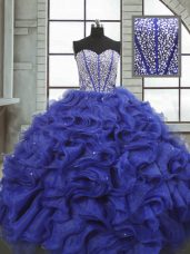 Blue Sleeveless Organza Lace Up Quince Ball Gowns for Military Ball and Sweet 16 and Quinceanera