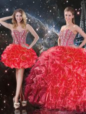 Spectacular Sleeveless Organza Floor Length Lace Up Vestidos de Quinceanera in Coral Red with Beading and Ruffles