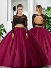 Fuchsia Backless Scoop Lace and Ruching Quince Ball Gowns Tulle Long Sleeves
