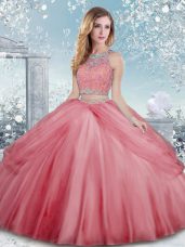 High Quality Tulle Scoop Sleeveless Clasp Handle Beading Quinceanera Gown in Watermelon Red