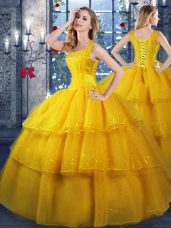 Suitable Ball Gowns 15th Birthday Dress Gold Straps Organza Sleeveless Floor Length Lace Up
