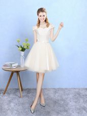 Fashionable Champagne Cap Sleeves Lace Knee Length Dama Dress for Quinceanera