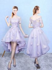 Superior Lavender A-line Lace Dama Dress for Quinceanera Lace Up Tulle Short Sleeves High Low