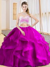 Fuchsia Two Pieces Beading and Ruffles Quinceanera Gown Criss Cross Tulle Sleeveless Floor Length