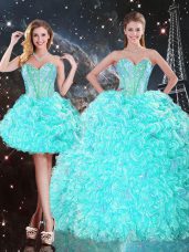 Fitting Aqua Blue Two Pieces Beading and Ruffles 15th Birthday Dress Lace Up Organza Sleeveless Floor Length