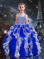 Blue Ball Gowns Organza Straps Sleeveless Beading and Ruffles Floor Length Lace Up Little Girl Pageant Gowns
