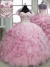 Best Selling Sleeveless Beading and Ruffles Lace Up 15th Birthday Dress with Baby Pink Brush Train