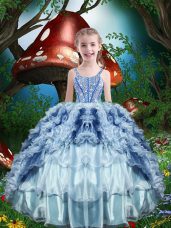 Baby Blue Sleeveless Beading and Ruffles and Ruffled Layers Floor Length Little Girls Pageant Dress Wholesale
