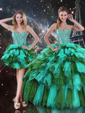 Multi-color Ball Gowns Beading and Ruffles and Ruffled Layers 15th Birthday Dress Lace Up Organza Sleeveless Floor Length
