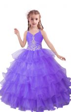 Custom Designed Lilac Ball Gowns V-neck Sleeveless Organza Floor Length Zipper Beading and Ruffled Layers Little Girls Pageant Dress
