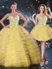Yellow Organza Lace Up Ball Gown Prom Dress Sleeveless Floor Length Beading and Ruffled Layers